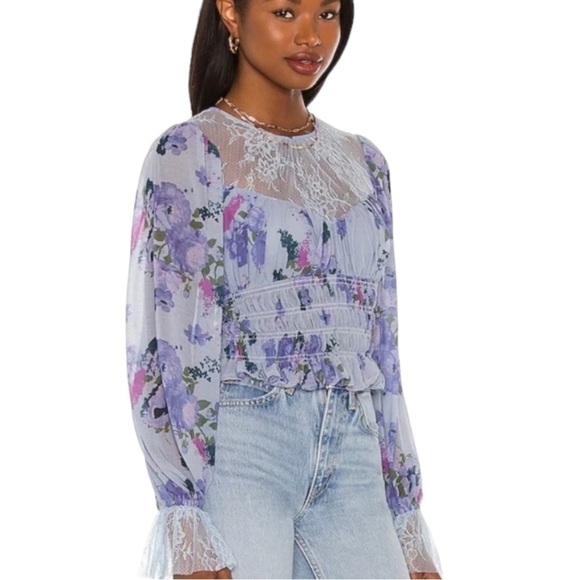 Nwot Free People Daphne Floral Print Lace Sheer Yoke Smocked Hem Blouse Size M - Picture 2 of 14